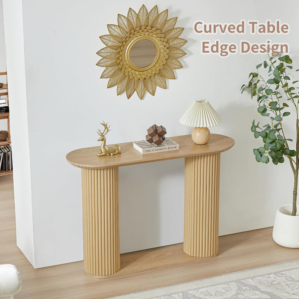 Fluted Console Table, Farmhouse Oval Curved Entryway Table with Storage and Fluted Wood Legs, Narrow Sofa Table Small
