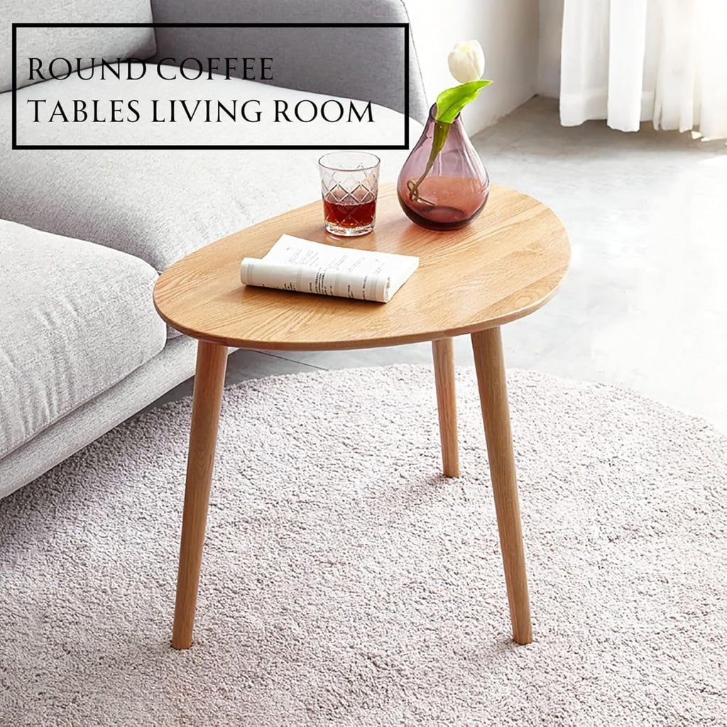 100% Solid Oak Wood Nesting Coffee, Small Oval Coffee Tables Set, Mid Century Modern Round Tables, Pebble Side for