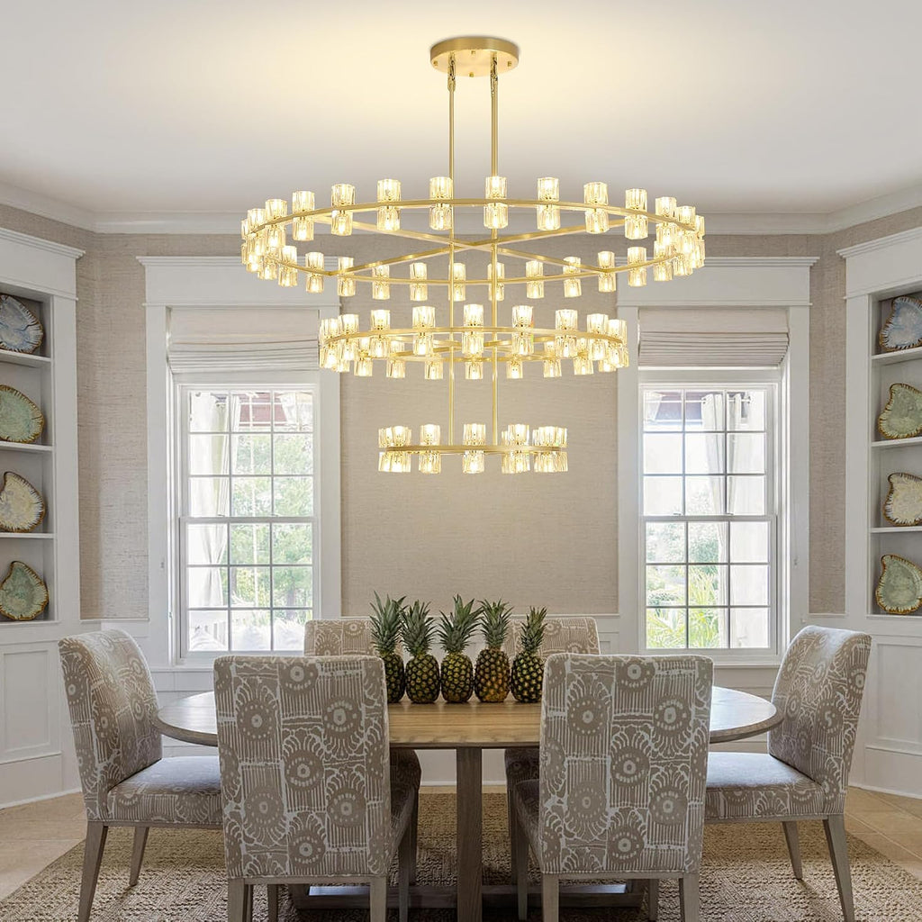 Inspired Arcachon Style 3-Tier Round Wagon Wheel Chandelier, 24" + 40" + 59" 124-Light Gold — Grand Foyer & High Ceilings