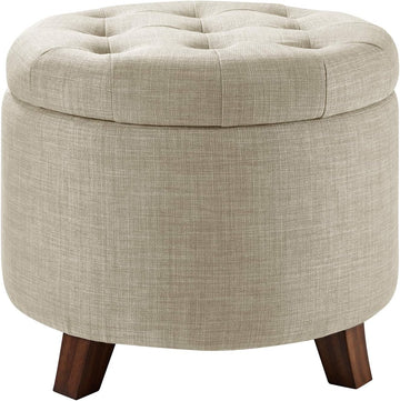 Round Storage Ottoman Foot Rest, Button Tufted Upholstered Footstool with Storage, Sturdy Linen Fabric , 20" x 17"