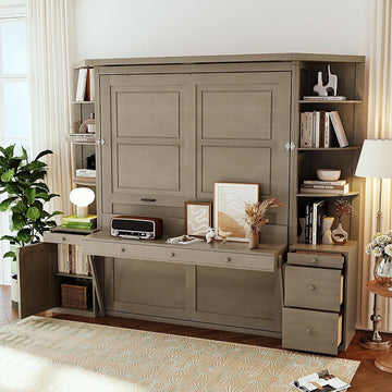 Queen Murphy Bed with Desk and Storage, Hidden Wall Bed with Foldout Workstation, Shelves and Cabinets for Space-Saving Home Office, Gray