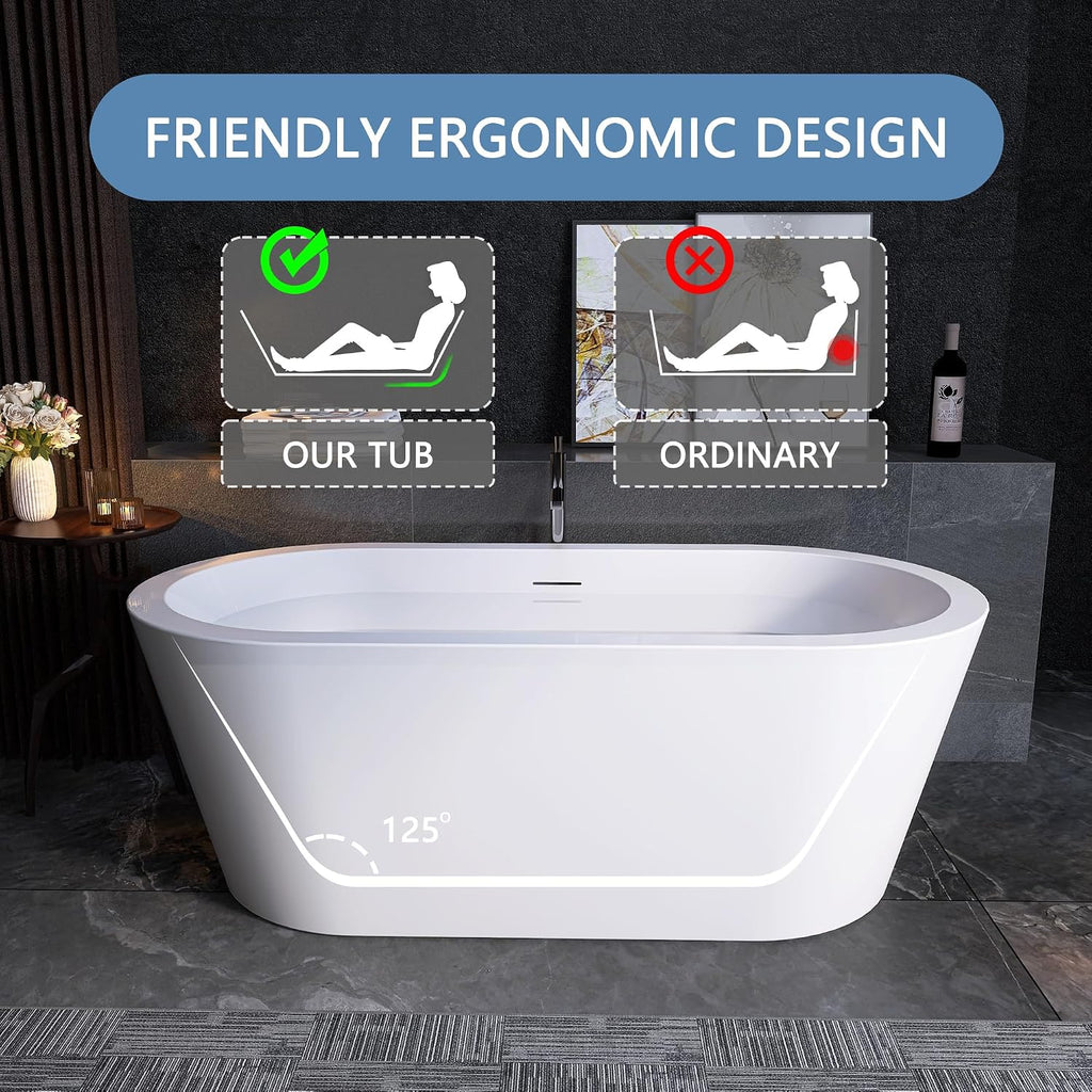 64" Free Standing Tub, Pure Acrylic Freestanding Bathtub, Stylish Stand Alone Contemporary Deep Soaking Bath Tub