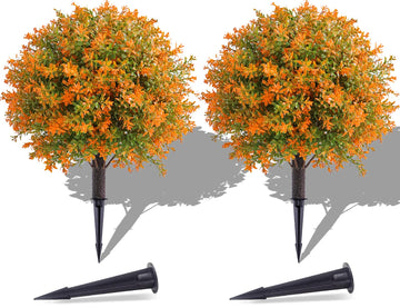 Fall Decor Outdoor Set of 2, Artificial Urn Filler 22in Fall Topiary Ball Tree with Ground Spike Fake Plants Fall