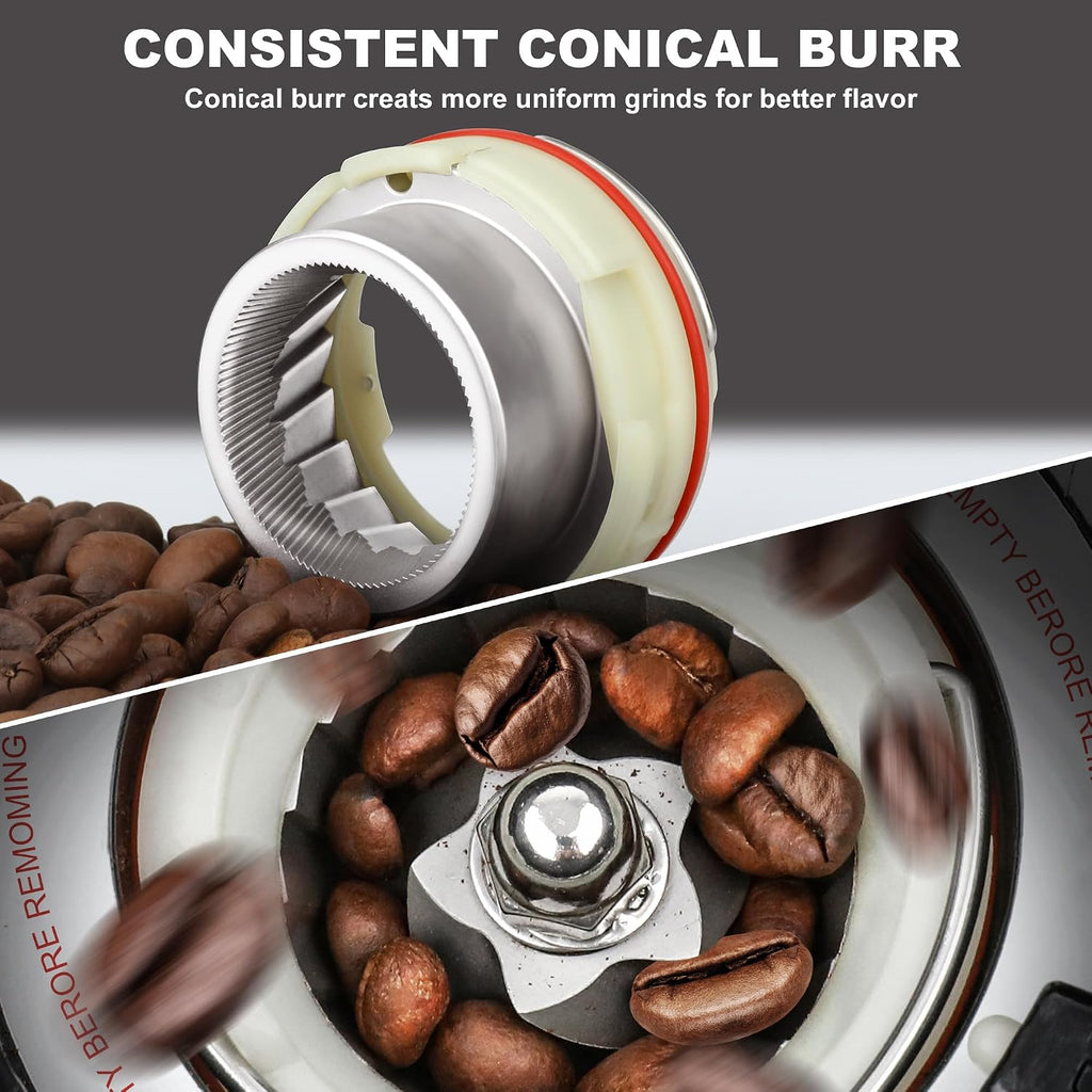 Electric Conical Burr Coffee Grinder with Portafilter Holder, Black | 48 Grind Settings, 35s Timer, Anti-Static, Easy