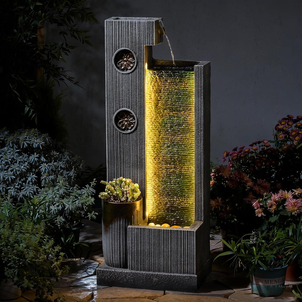 37’’ Tall Waterfall Fountain Indoor Modern Outdoor Water Fountains with LED Light,Vertical Striped Texture Floor