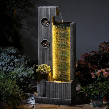 37’’ Tall Waterfall Fountain Indoor Modern Outdoor Water Fountains with LED Light,Vertical Striped Texture Floor