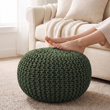 Round Pouf Ottoman - Hand Knitted Boho Poof Footrest - Olive