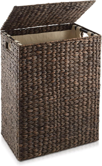 Large Laundry Hamper with Lid and Removable Liner Bag - Espresso Dark Brown, Woven Water Hyacinth Rectangular Laundry