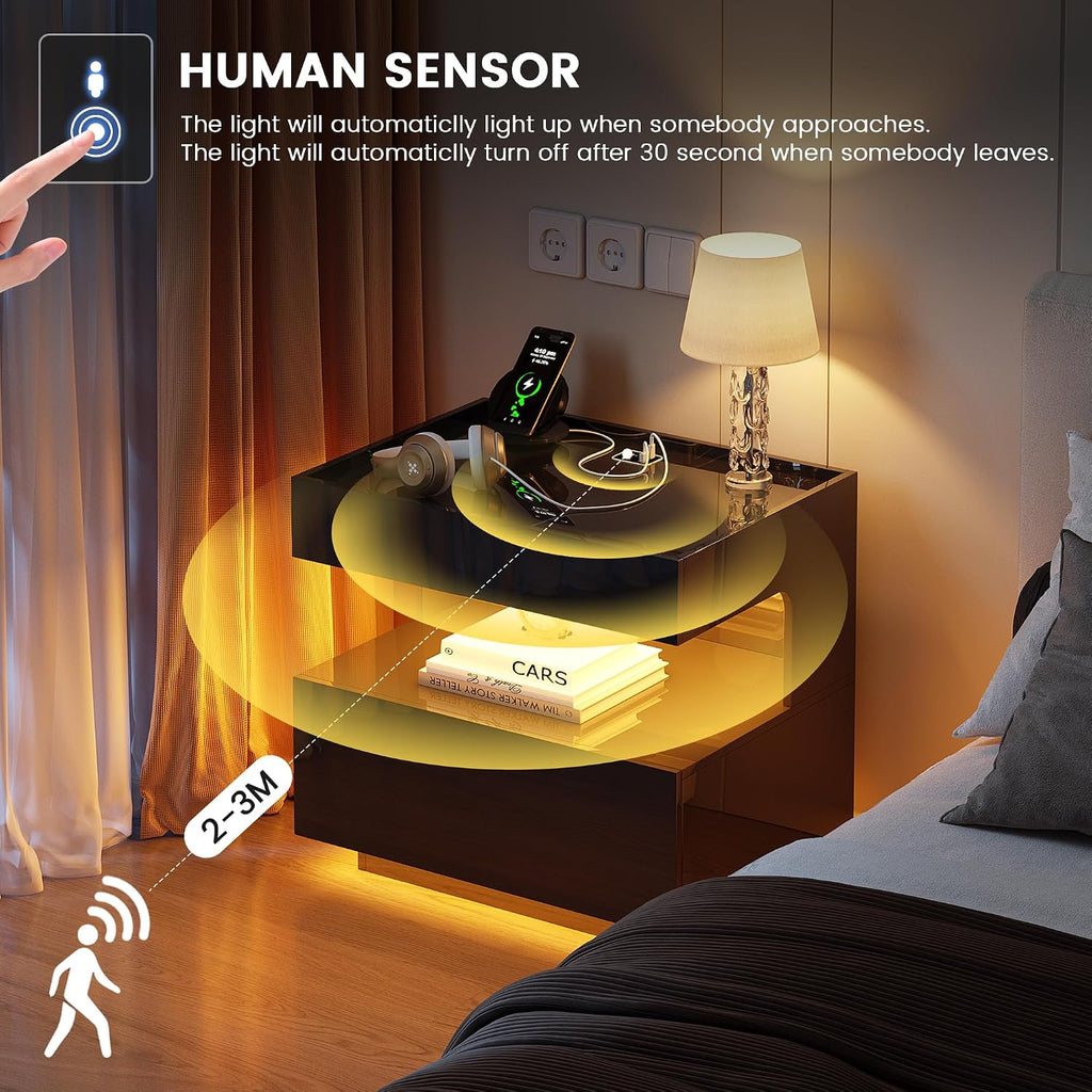 High‐Gloss Smart LED Nightstand | Motion‐Sensor 3‐Color Lighting, Hidden Storage Compartment, Gun Drawers, USB