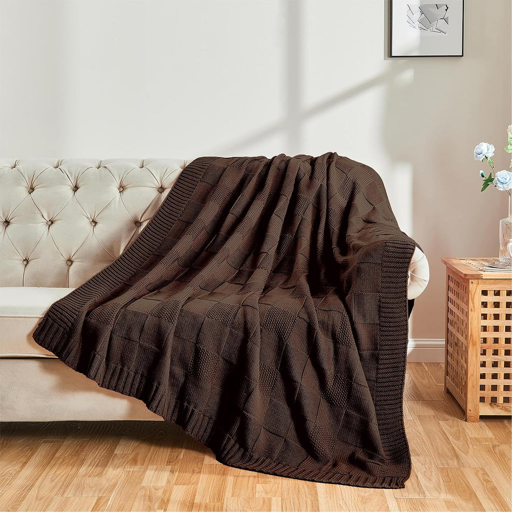 Check Knit Throw Blanket, Dark Brown Checkered Throw, Decorative Christmas Soft Cozy Warm Knitted Blanket, 50"X60"