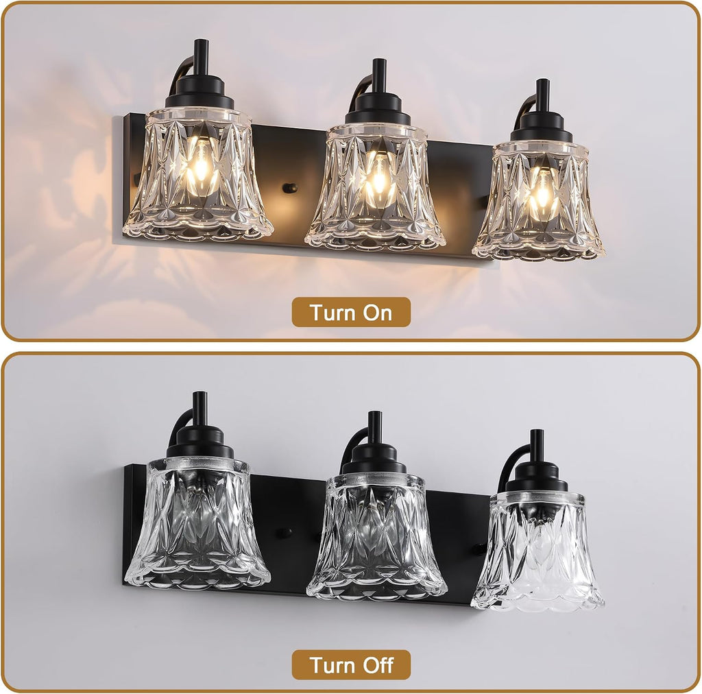 Vintage Bathroom Light Fixtures, 3-Light Matte Black Crystal Glass | Mounted Over Mirror, Matte Black Finish, Vintage