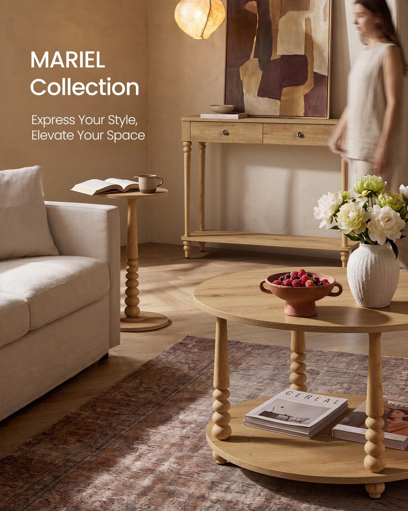 2-Tier Round Coffee Table with Storage, Solid Wood Legs