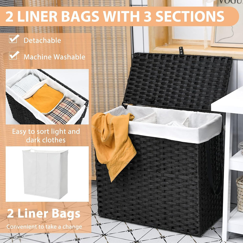 Laundry Hamper with Wheels and Lid, 125L Rattan Clothes Hamper with 2 Removable Liner Bags & Handle, 3-Section