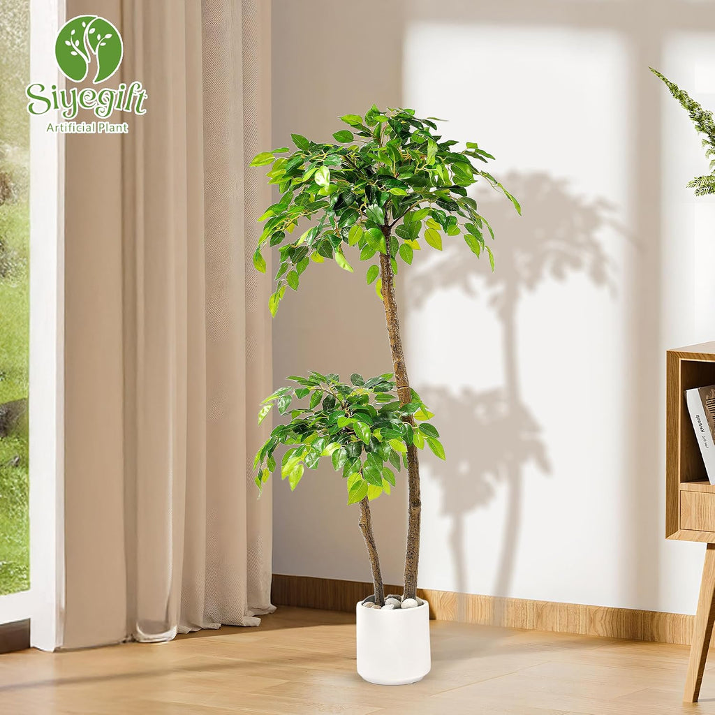 4FT Artificial Ficus Tree with White Planter and Pebbles,Faux Silk Tree with Lifelike Leaves and Realistic Trunk,Tall