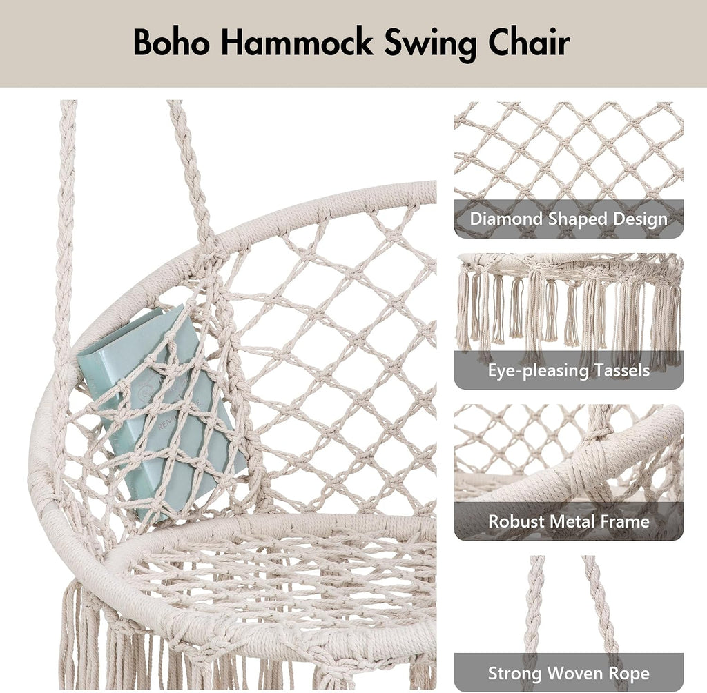 Outdoor Hanging Hammock Chair with Stand, Natural Macrame Swing Chair | Heavy Duty Hanging Chair Stand with Swing