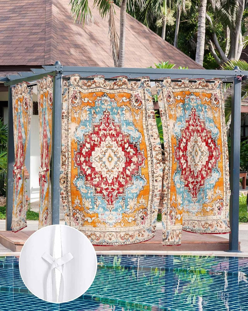 Orange Boho Outdoor Curtain Waterproof, Vintage Ethnic Geometric Weatherproof Outside Curtains with Grommet Top
