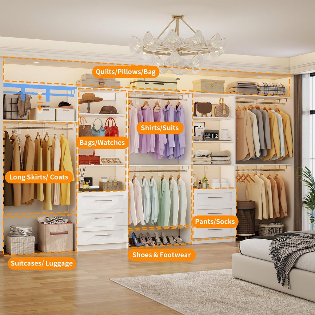 Closet System with 6 Wood Drawers, 6-12FT Closet Organizer System with Cuttable Shelves for Walk in Closet with 6