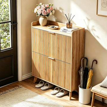 Fluted Shoe Cabinet Storage with 2 Flip Drawers, Wood Narrow Hidden Shoe Organizer with Adjustable Shelf