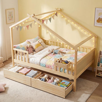 Full Size House Bed for Kids, Full Storage Bed with Roof & Fence Rails, Wood Bed Frame with Storage Box & 2 Rolling
