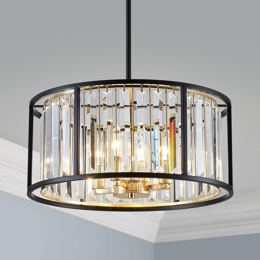 Modern K9 Crystal Drum Chandeliers 4-Lights, Middle Century Chandelier Light Fixture for Dining Room, D16 x H20, Adjustable Chains 59", Shinny Gold & Matte Black Finish Metal Frame A100-B0C1JJMLBC
