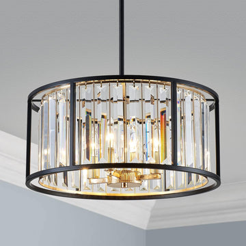 Modern K9 Crystal Drum Chandeliers 4-Lights, Middle Century Chandelier Light Fixture for Dining Room, D16 x H20, Adjustable Chains 59", Shinny Gold & Matte Black Finish Metal Frame
