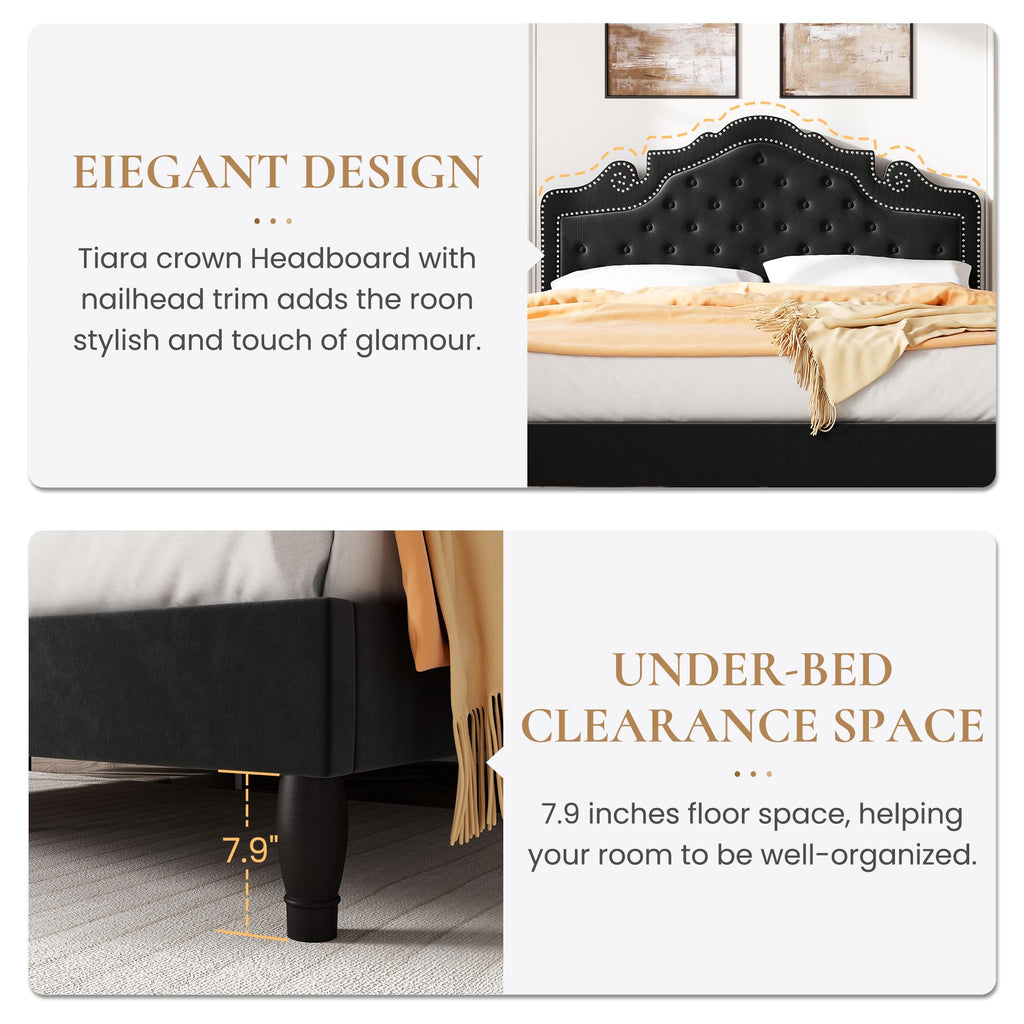 Full Size Bed Frame with Adjustable Headboard/Velvet Upholstered/Diamond Button Tufted and Metal Studs/No Box Spring