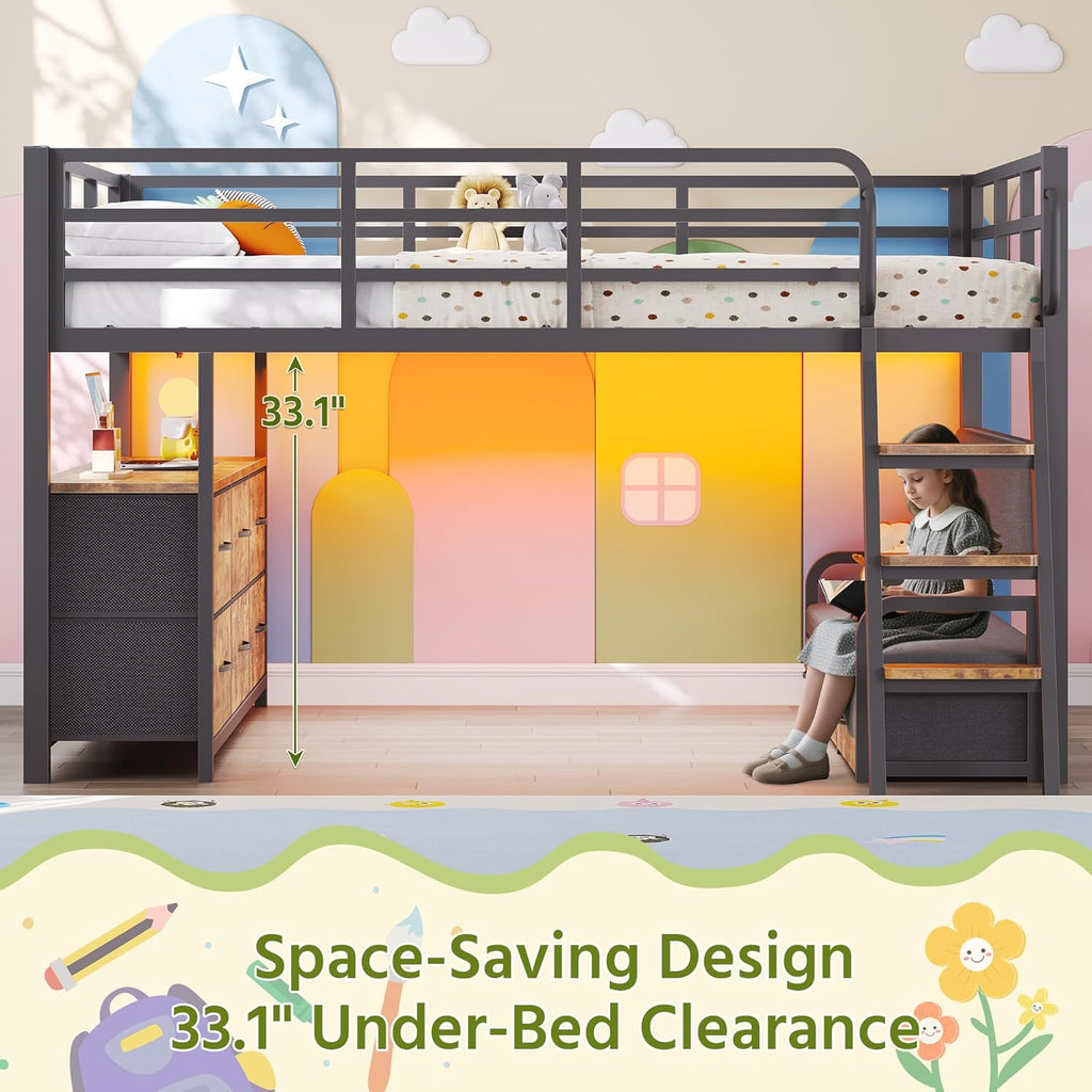 Full Low Loft Bed with Desk,Full Bed Frame with 9 Storage Drawers