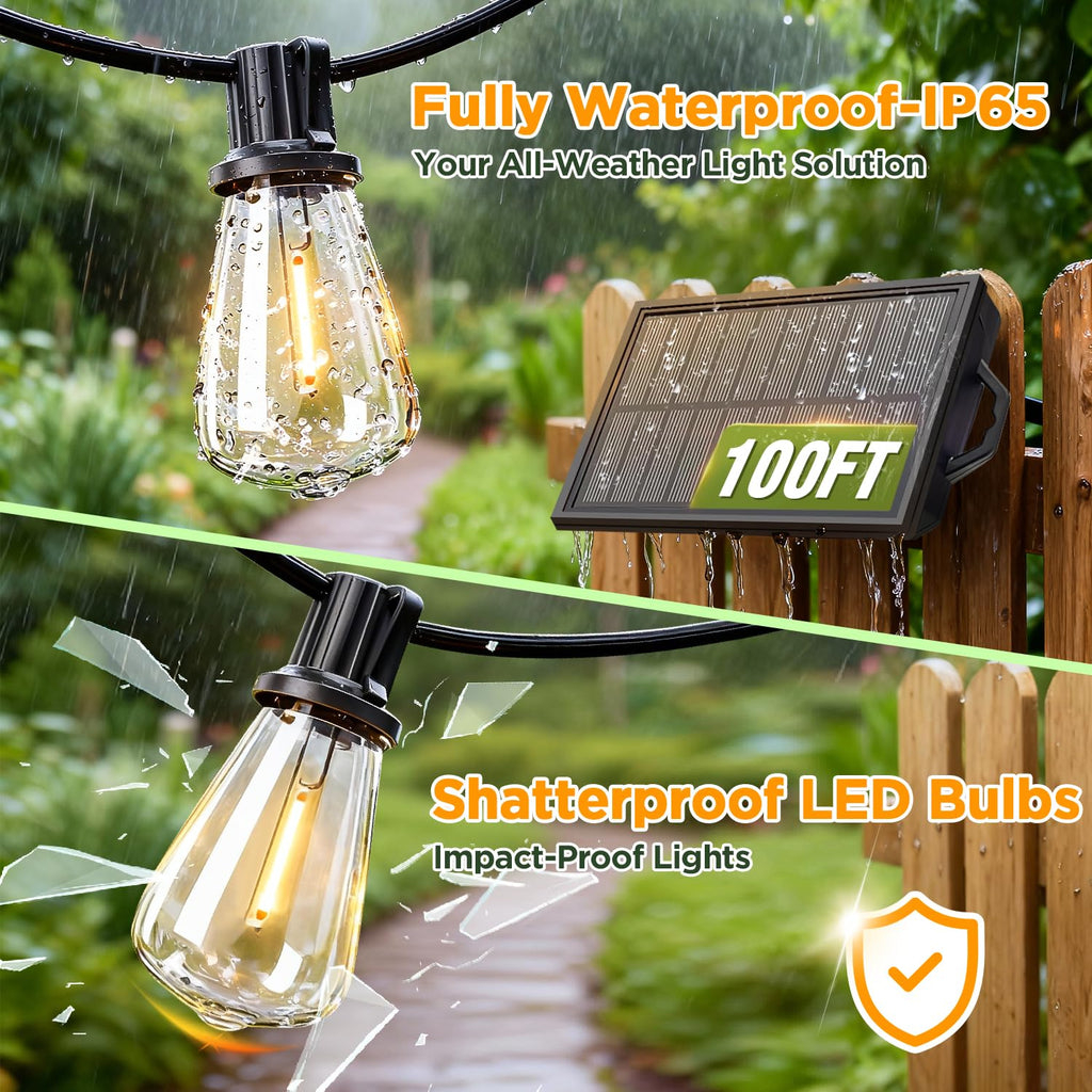 Solar String Lights Outdoor Waterproof with Remote & Timer, LED Shatterproof ST38 Bulbs, USB & Solar Powered