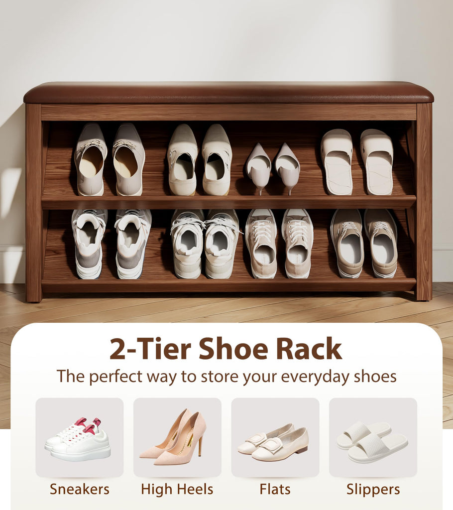 Rubberwood Shoe Bench with Leather Cushion and Slanted Shelves