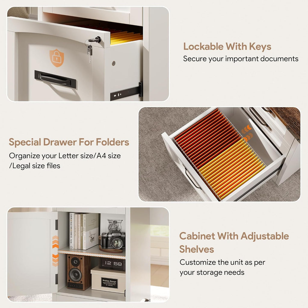 Farmhouse Executive Desk with Drawers, 55" Home Office Desks with Fast Charging Station, Lockable File Cabinet