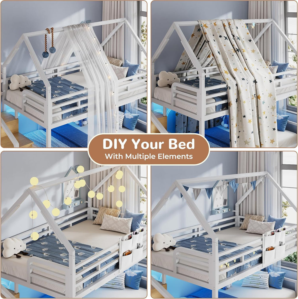 Metal Bunk Bed Twin Over Twin with Storage Staircase, Clothes Rack, LED Twin Bunk Beds for Kids with 2 Storage Drawers