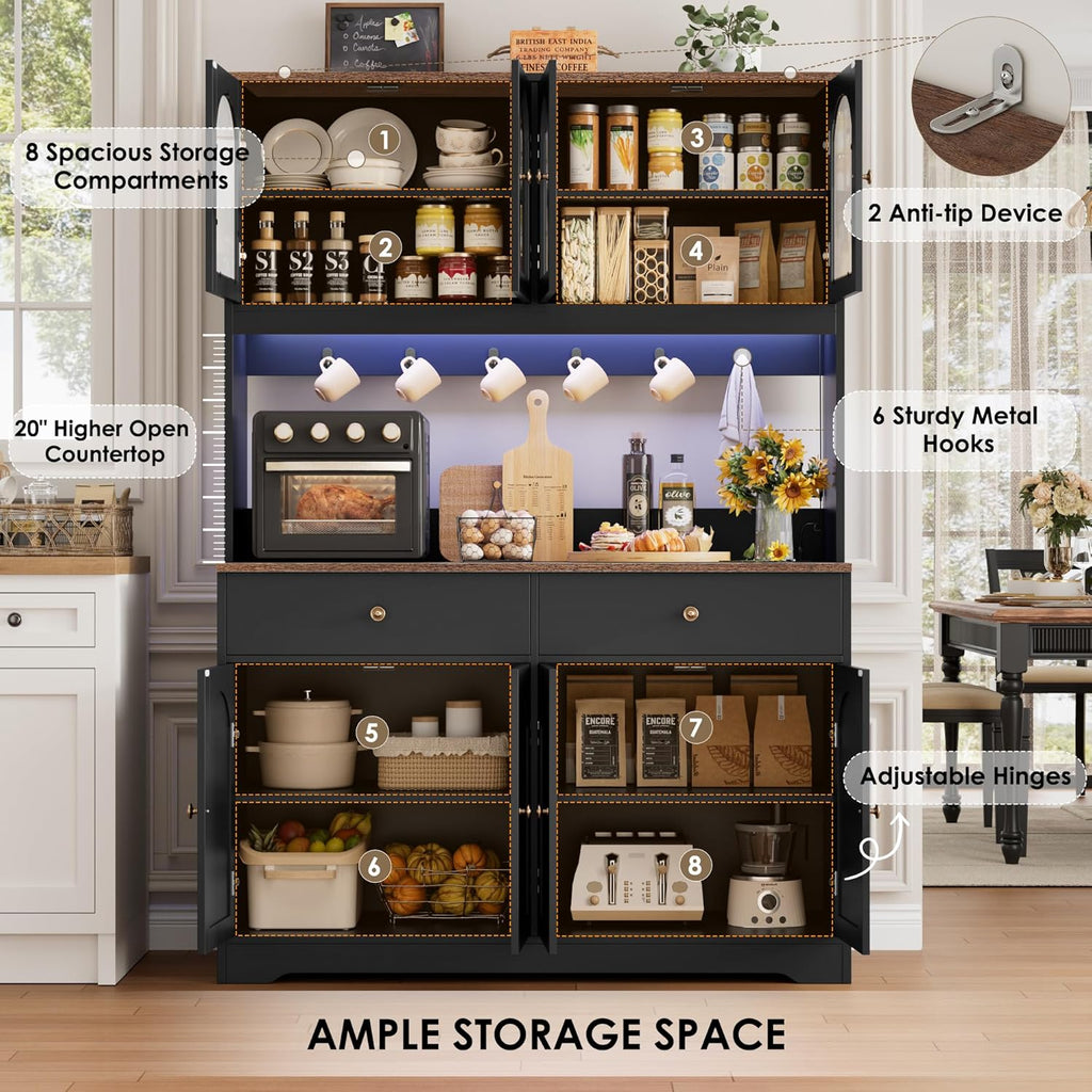 71" LED Kitchen Pantry Cabinet with Power Outlet, Tall Hutch, Black | Coffee bar Hutch Cabinet with 2 Storage