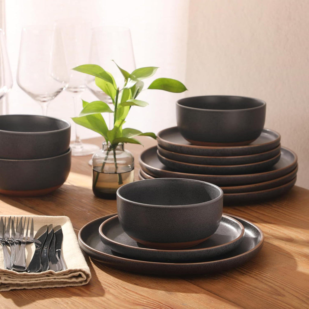 Abbey Circle 12 Piece (Service for 4) Plates and Bowls Reactive Matte Glaze Dishes Stoneware Ceramic Dinnerware Set