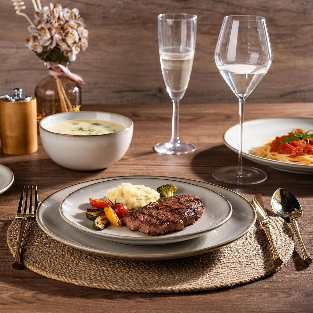 Ceramic Dinnerware Sets for 4, 12 Pieces Handpainted Stoneware Plates and Bowls Set, Scratch Resistant Dishes Set