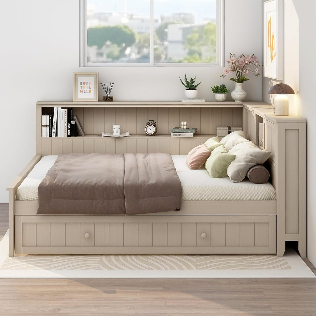 & Bright Designs Full Size Daybed with Trundle and Shelves, Wood Corner Bed Frame with Bookcase and Headboard for