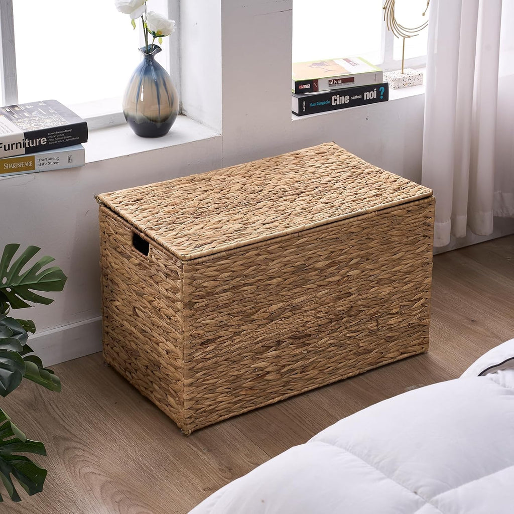 Water Hyacinth Storage Basket with Lid, 52.8 Gallon (200L) Wicker Storage Trunk with Handles, Handwoven Large Wicker