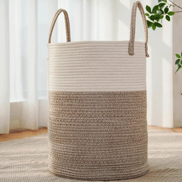 100L Cotton Rope Laundry Basket Hamper, Brown | Collapsible Laundry Basket, Reinforced Handles, Freestanding, Machine