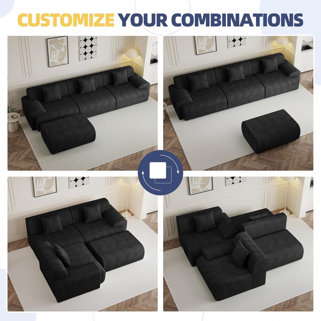 118" Modern L Shaped Modular Sectional Sofa, Boneless Cloud Couch with Ottoman, Oversized Corduroy Couch Deep Seat