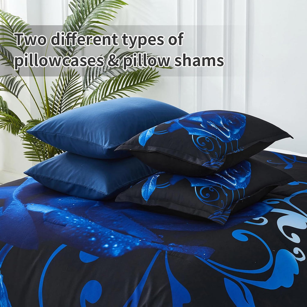 Blue Comforter Set 7 Piece Bed in a Bag Blue Rose Comforter with Sheet Set Soft Micorfiber Reversible