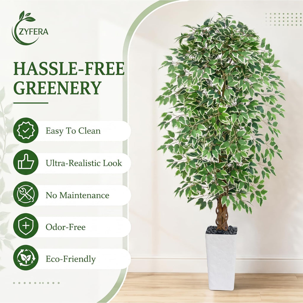 Artificial Ficus Tree 6FT, Large Fake Tree Decor (White Planter)
