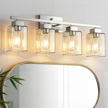 4-Light Bathroom Light Fixtures, Brushed Nickel Modern Vanity Lights, Bathroom Lighting Fixtures Over Mirror, Square