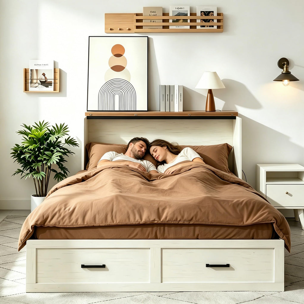 Queen Murphy Bed with Charging Station Large Storage Drawer Farmhouse Wood