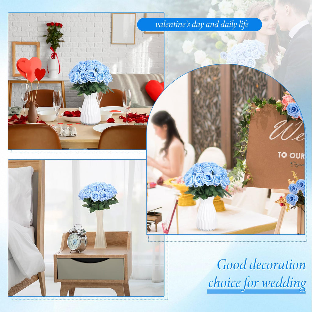 40 Pcs Artificial Roses Bulk, Long Stem Fake Flowers, Light Blue