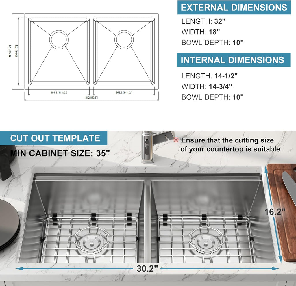 32 Inch Undermount Workstation Handmade Double Bowl Kitchen Sink | 16 Gauge Thickness, 304 Stainless Steel, Brushed