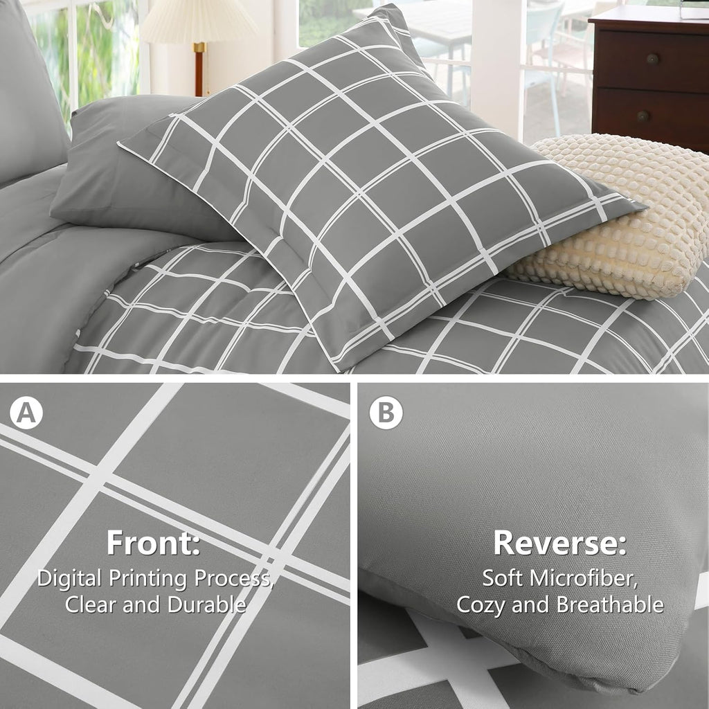 Queen Comforter Set with Sheets - 7 Pieces Plaid Bed in a Bag Set Grey