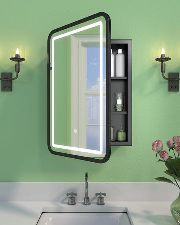 LED Medicine Cabinet Mirror with Lights 16x24 Inch | Wall Mounted or Recessed, Black Metal & Shatterproof Tempered