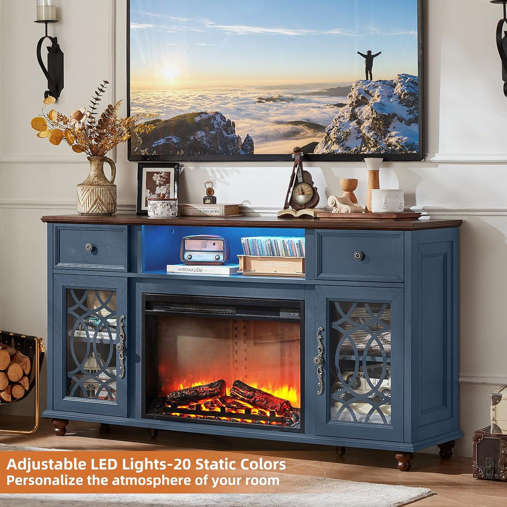 59 Inch Farmhouse Fireplace TV Stand with Electric Fireplace, LED Lights, Glass Door Media Console with Drawers for TVs up to 65 Inches, Blue