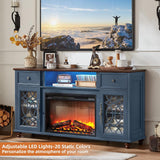 59 Inch Farmhouse Fireplace TV Stand with Electric Fireplace, LED Lights, Glass Door Media Console with Drawers for TVs up to 65 Inches, Blue