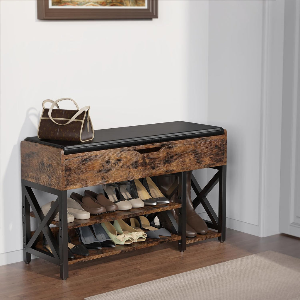 Shoe Bench, Lift Top Shoe Storage Bench, Adjustable Shelf Entryway Bench, Metal and Wood Shoe Rack Organizer with