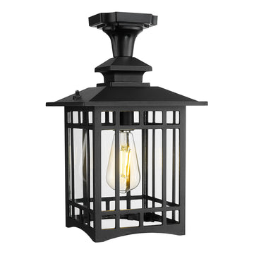 Outdoor Semi Flush Mount Ceiling Light Fixture, 15.4 Inch Black Porch Light Ceiling Mount with Clear Glass for Proch